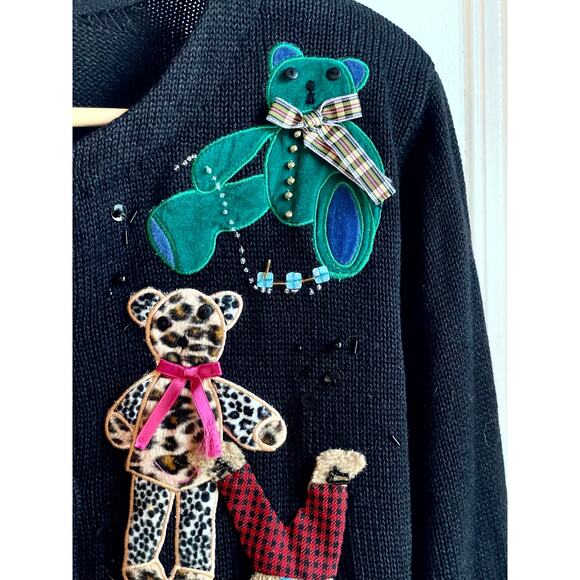 Susan Bristol Appliqué Holiday Cardigan Sz L 3D Plush Bears Sequins - Picture 5 of 9